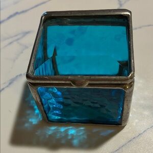 Blue Glass Trinket Box With Pewter Trim & Mirror in Bottom